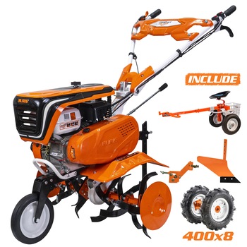 Motosapa pe benzina Ruris 7500ACC2, putere 7 Cp, 208 CC, 4 timpi, 2+1 viteze, 83 cm laltime lucru, 29 cm adancime lucru, contine: roti cauciuc + plug + adaptor + accesoriu tractat cu doua roti