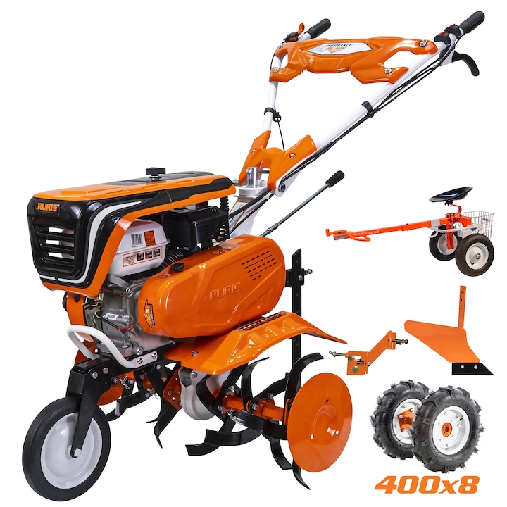Ruris 7500ACC2 Motoros kapa, 7 LE, 208 CC, 4 ütemű, 3 sebesség, 830 mm munka szélesség, 290 mélység, 3 l benzin, gumi kerekek, eke, adapter, vontató kiegészítő