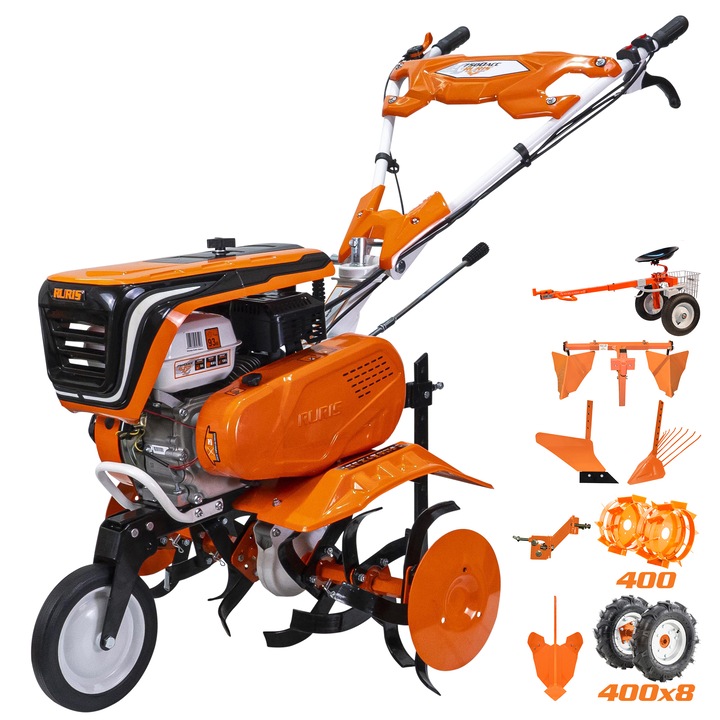 Ruris 7500ACC3 Benzines motoros kapa, 7 LE, 208 CC, 4 ütemű, 3 sebesség, 830 mm munka szélesség, 290 mélység, gumi kerék és fémkerék, nyitóeke, szántóeke, töltögető eke, kultivátor, burgonyakiszedő, alkatrészcsatlakoztató, utánfutó