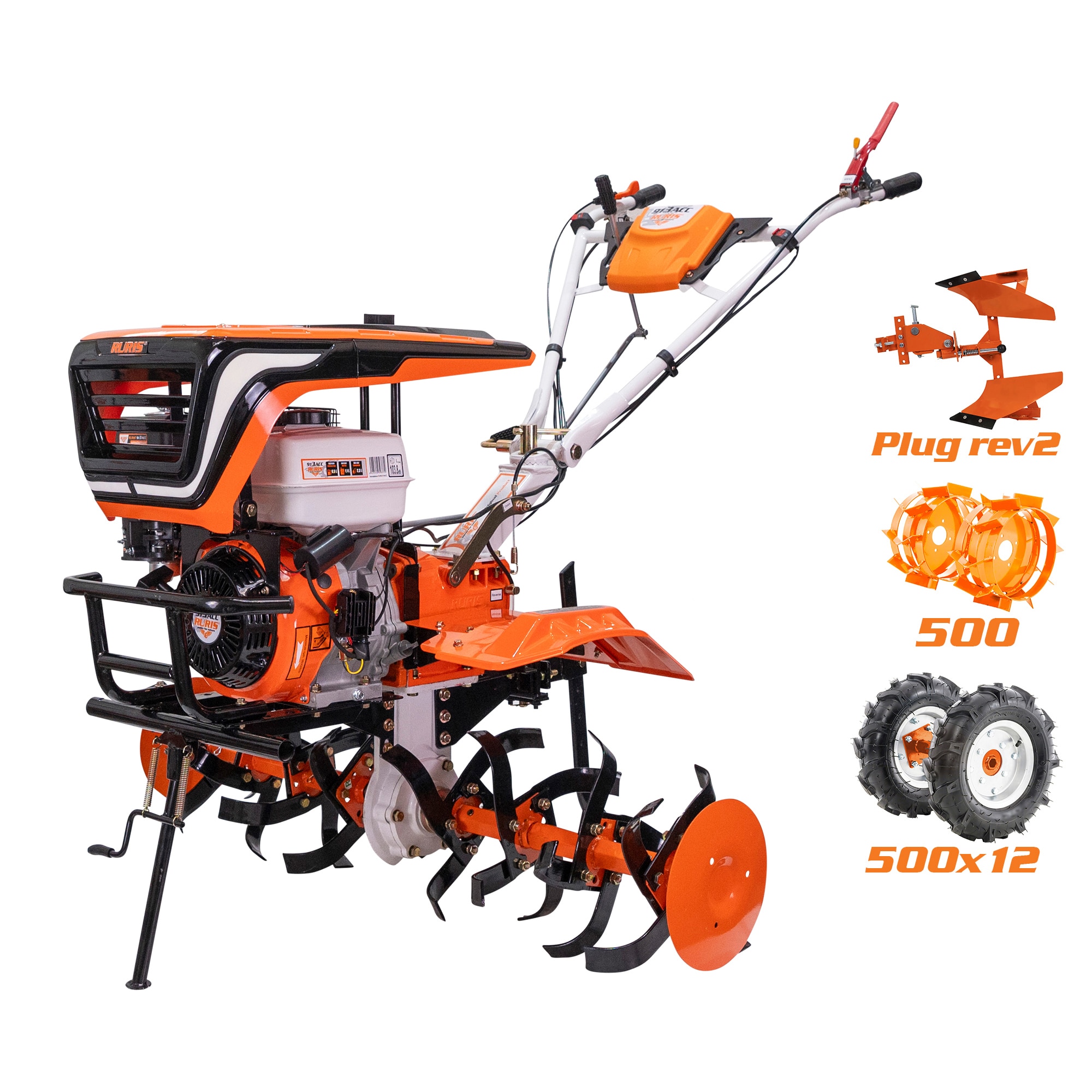 Motocultor pe benzina RURIS 913ACC, putere 13 CP, 390 CC, 4 timpi, 2+1 viteze, priza de putere, 110 cm latime lucru, 36 cm adancime lucru,contine: roti cauciuc + plug reversibil +