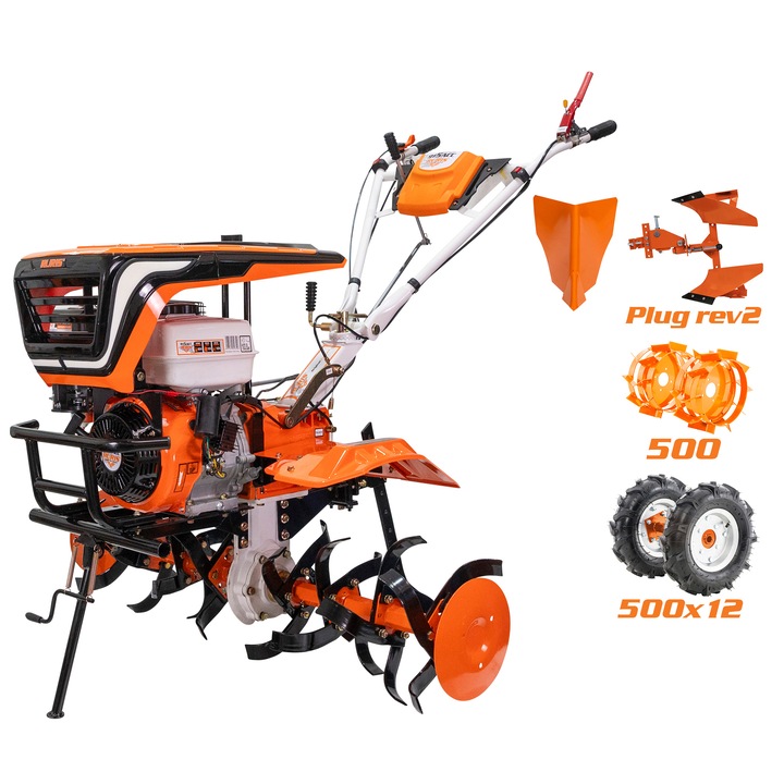 Мотокултиватор Ruris 915ACC, 15 CP, 420 CC, 4-тактов, 3 скорости, 1100 мм работна ширина, 360 мм работна дълбочина, 6.6 л, Бензинов, Каучукови гуми, Браздилник, Реверсивен плуг, Метални колела