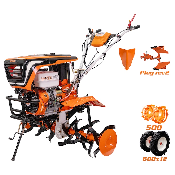 Ruris 918ACC motoros kapa, 18 LE, 460 cm3, 4 ütemű, 3 sebesség, 1100 mm munkaszélesség, 360 mm mélység, 6.5 l benzin, gumi kerekek, ritkító, fordítható eke, fém kerekek