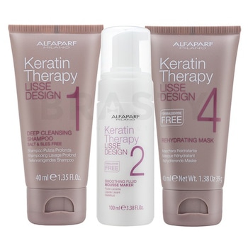 Set tratament cu keratina Alfaparf Lisse Design Keratin Therapy pentru par indisciplinat: Sampon pentru curatare in profunzime, 40 ml + Spuma de par pentru netezirea firelor rebele, 100 ml + Masca de par hidratanta, 40 ml Set tratament cu keratina Alfaparf Lisse Design Keratin Therapy pentru par indisciplinat: Sampon pentru curatare in profunzime, 40 ml + Spuma de par pentru netezirea firelor rebele, 100 ml + Masca de par hidratanta, 40 ml