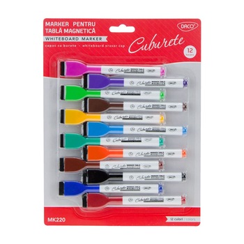 Set 12 marker tabla magnetica cu burete, Daco, MK220 Set 12 marker tabla magnetica cu burete, Daco, MK220
