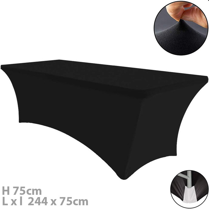 Husa masa evenimente, Quasar & Co.®, fata de masa catering, elastica, cu sistem de prindere, dreptunghiulara, 244 x 75 x 75 cm, poliester, negru