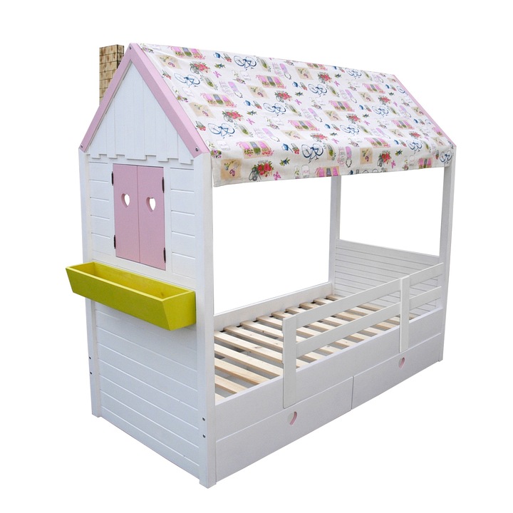 Pat copii Casuta Mea, lemn masiv molid, protectie laterala, 2 sertare, Alb/Roz, 90x200 cm