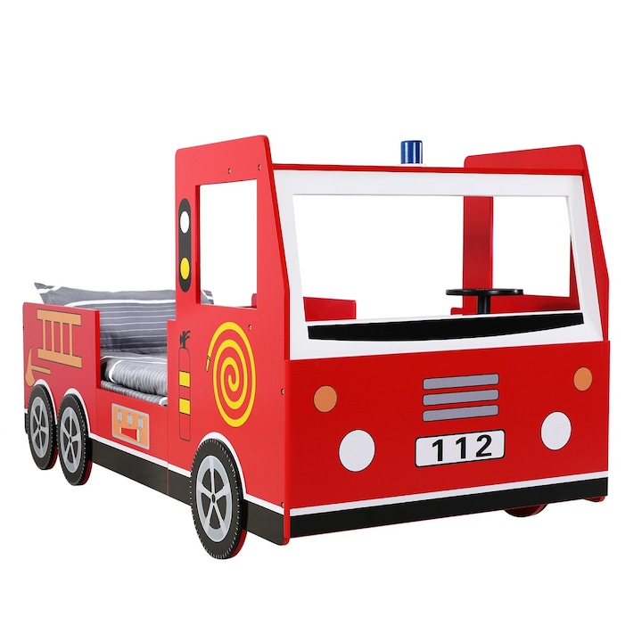 Детско креватче EGO Interiors, С включена подматрачна рамка, Пожарна кола, MDF, Червен, 200 x 90 см