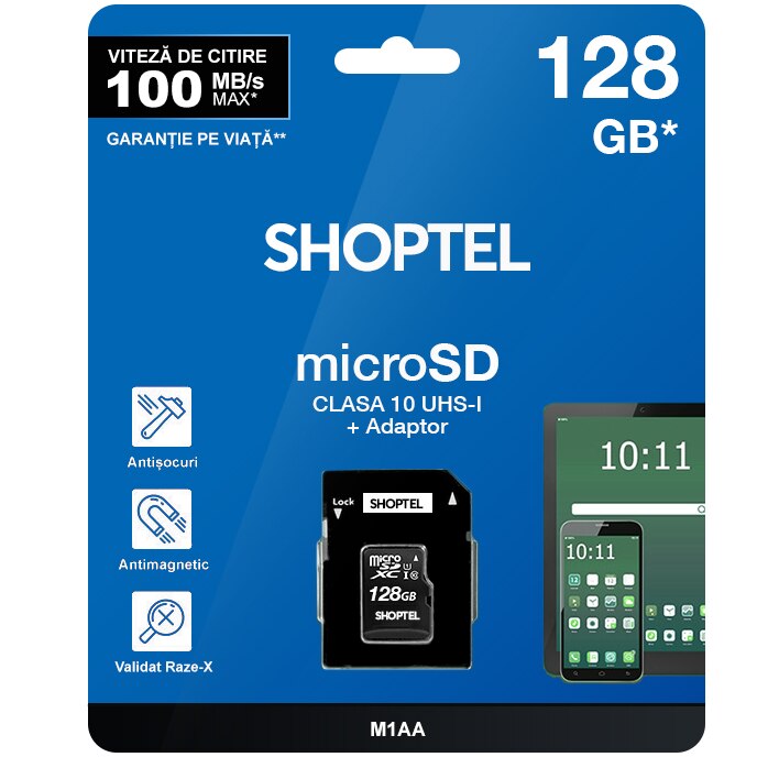 Card de memorie SHOPTEL MicroSDHC, 128GB, Class 10, UHS-I, 100MB/s si Adaptor