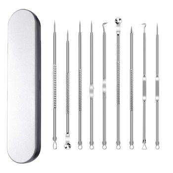 Set de 9 pensete profesionale pentru extractie puncte negre, comedoane, acnee, ustensile cosmetice din inox, 12 cm, Quasar & Co Set de 9 pensete profesionale pentru extractie puncte negre, comedoane, acnee, ustensile cosmetice din inox, 12 cm, Quasar & Co
