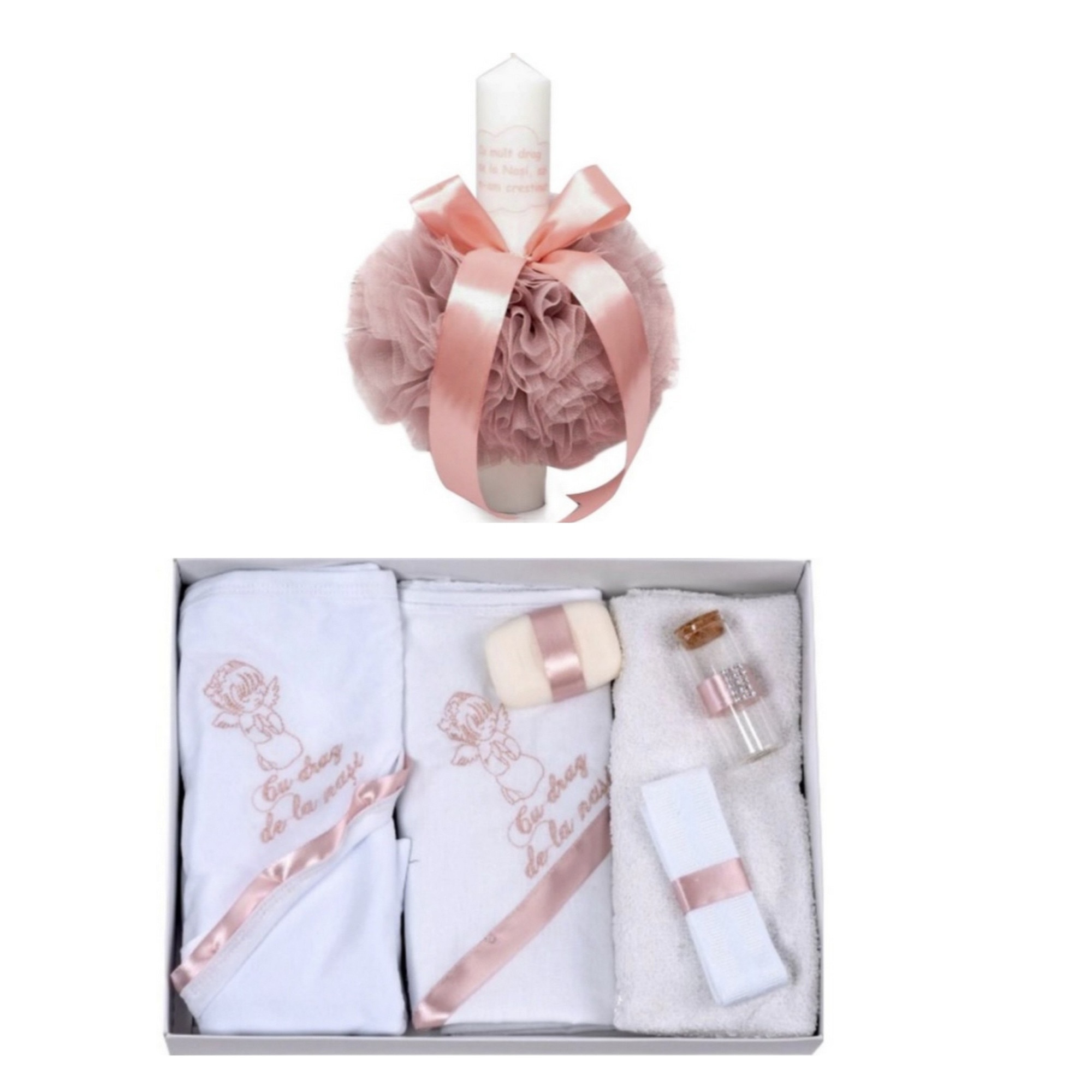 Set Trusou botez biserica complet 7 piese ''Cu drag de la Nasi!'' + lumanare saten inscriptie ''Cu drag de la Nasi, azi m-am botezat!'', OD342