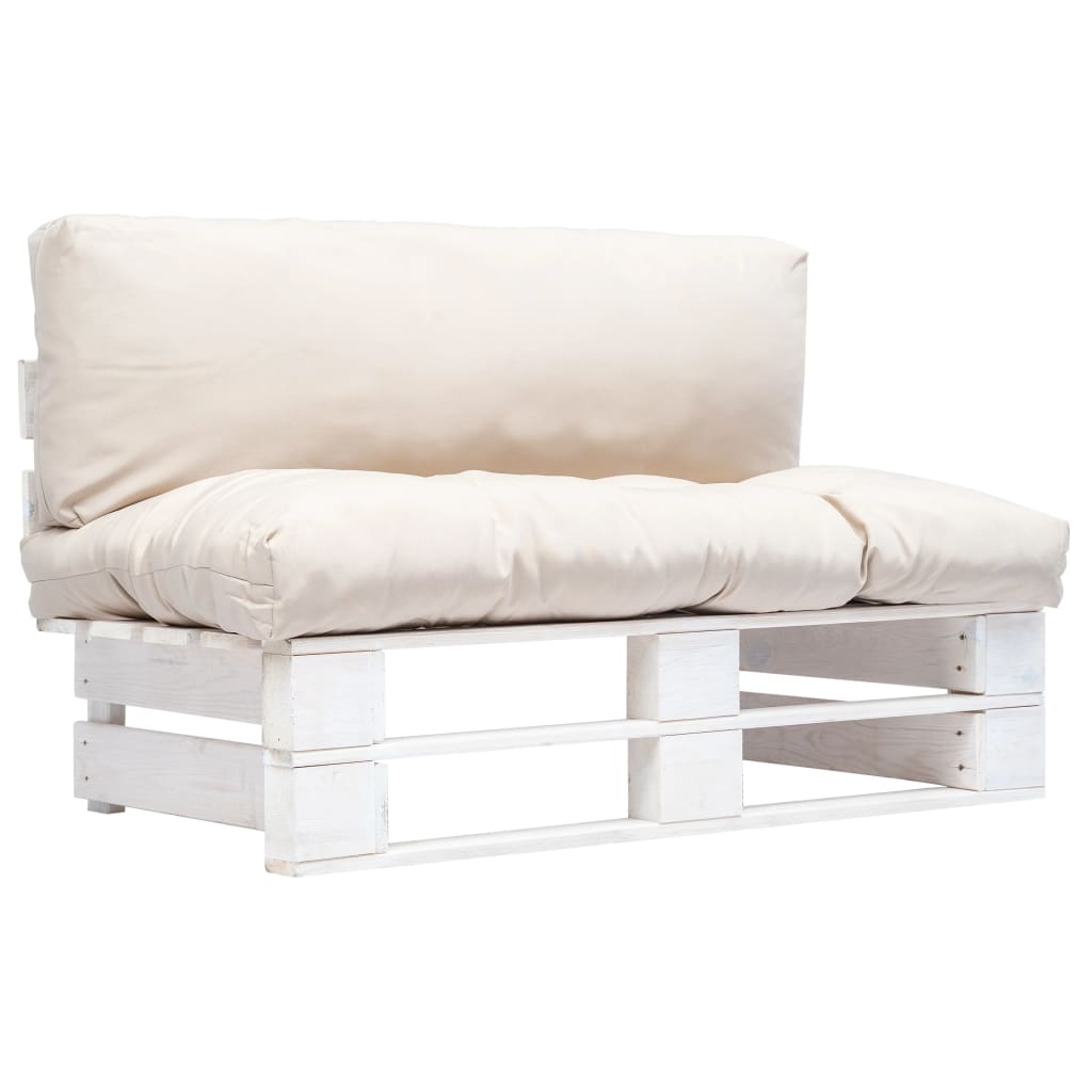 Canapea 2 locuri de exterior/gradina cu perne, vidaXL, Paleti, 110 x 66 x 65 cm, Alb/Bej