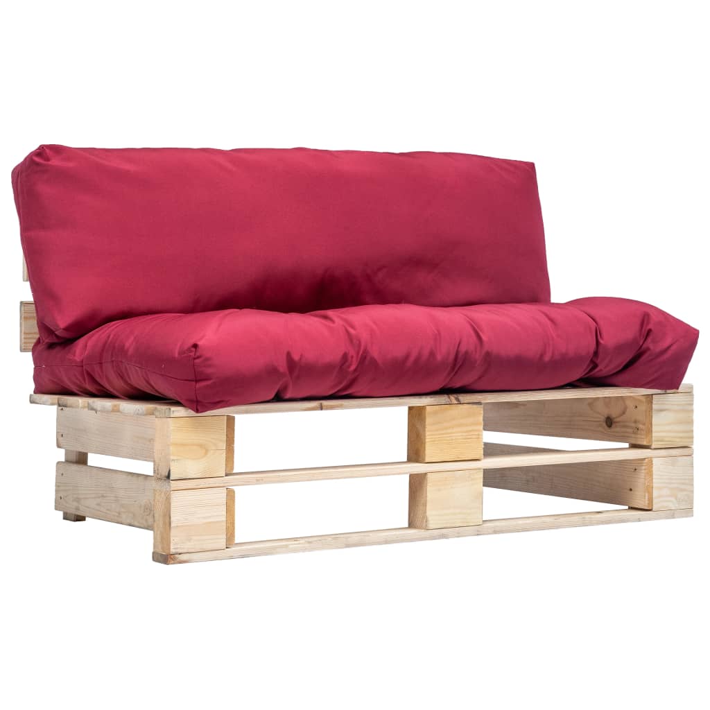 Canapea 2 locuri de exterior/gradina cu perne, vidaXL, Paleti, 110 x 66 x 65 cm, Rosu