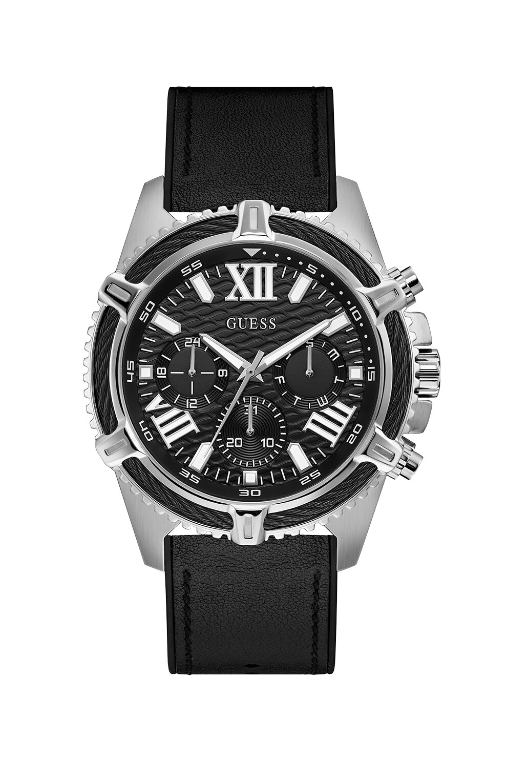 Guess, Ceas cu functii multiple si curea de piele, Negru