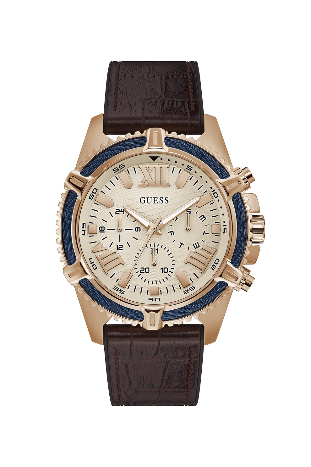 Guess, Ceas cu functii multiple si curea de piele, Maro