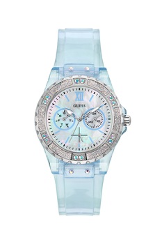 Guess, Ceas cu functii multiple, decorat cu cristale, Albastru pastel Guess, Ceas cu functii multiple, decorat cu cristale, Albastru pastel