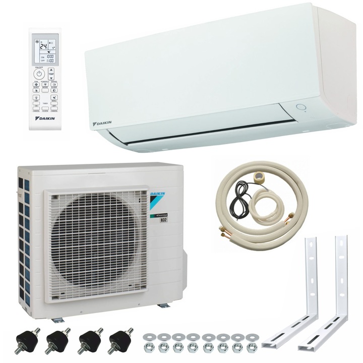 Daikin Sensira klímacsomag - 12000 Btu - FTXC35C-RXC35C + komplett szerelőkészlet (3ml szigetelt rézcső 6 és 10, 3ml kondenzátum tömlő, 4x1,5 elektromos kábel, konzolkészlet, ragasztószalag, rögzítőcsavarok), WiFi opcionális - felár ellenében