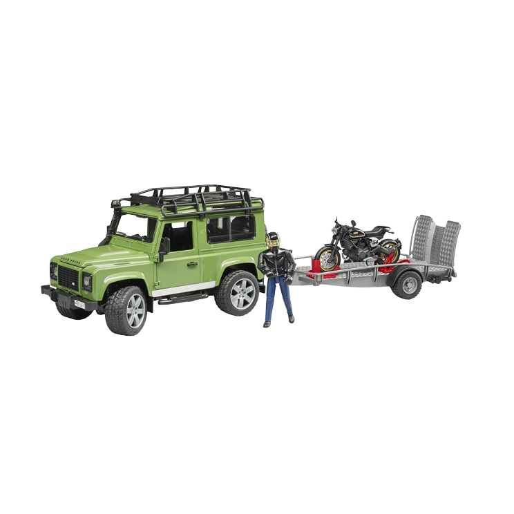 Masina Land Rover cu trailer si motocicleta Ducati cu figurina Bruder, verde