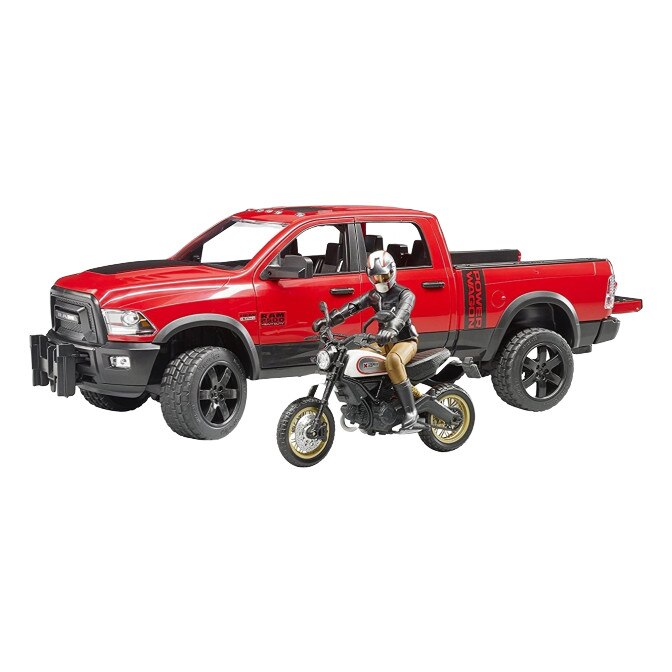 Masina Pick Up RAM 2500 cu motocicleta si figurina motociclist Bruder, rosu