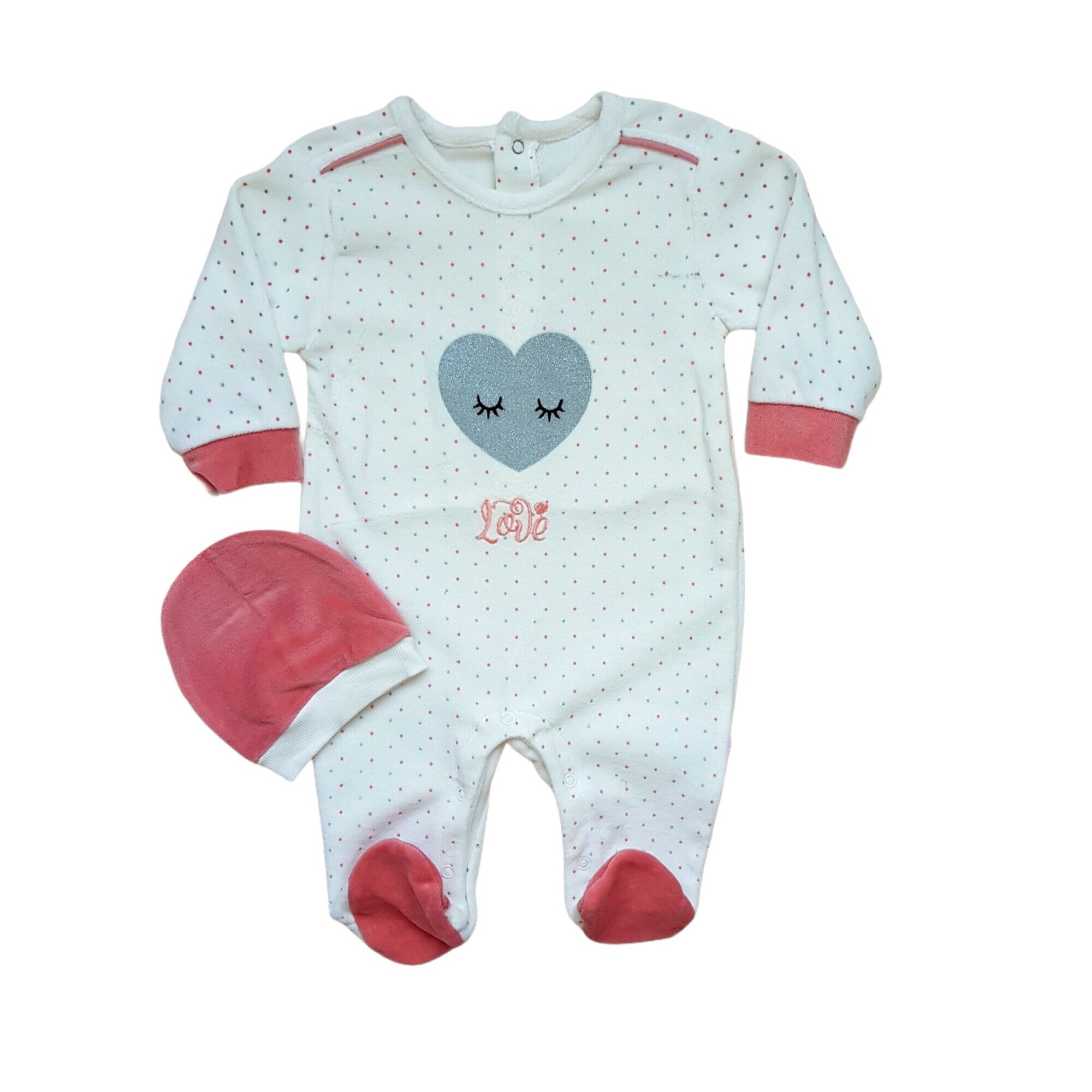 Salopeta cu caciulita din catifea fina, Alb/Roz