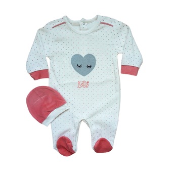 Salopeta cu caciulita din catifea fina, Alb/Roz Salopeta cu caciulita din catifea fina, Alb/Roz