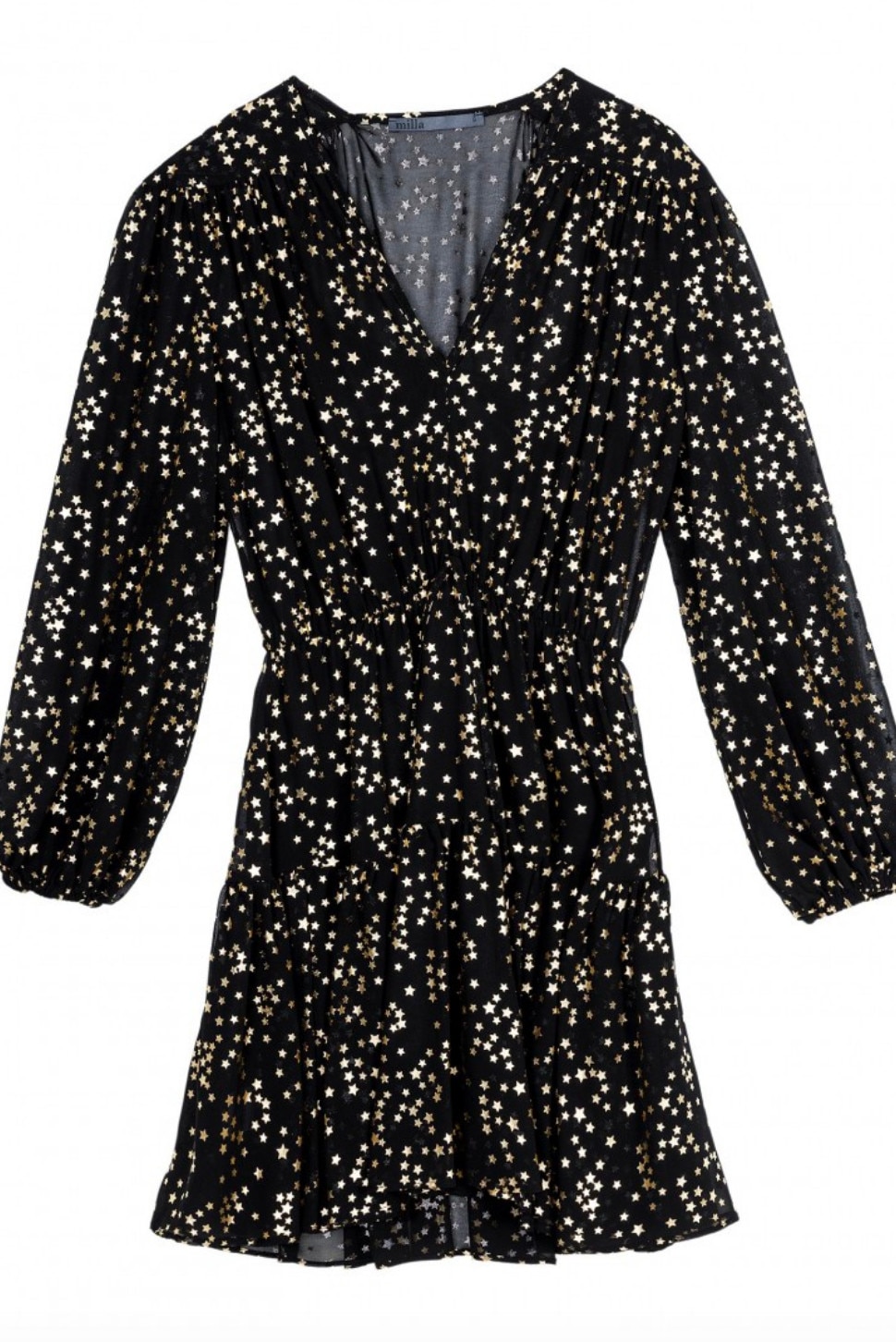 Rochie neagra cu maneca lunga, decolteu in V, imprimeu auriu cu stele, Negru, S