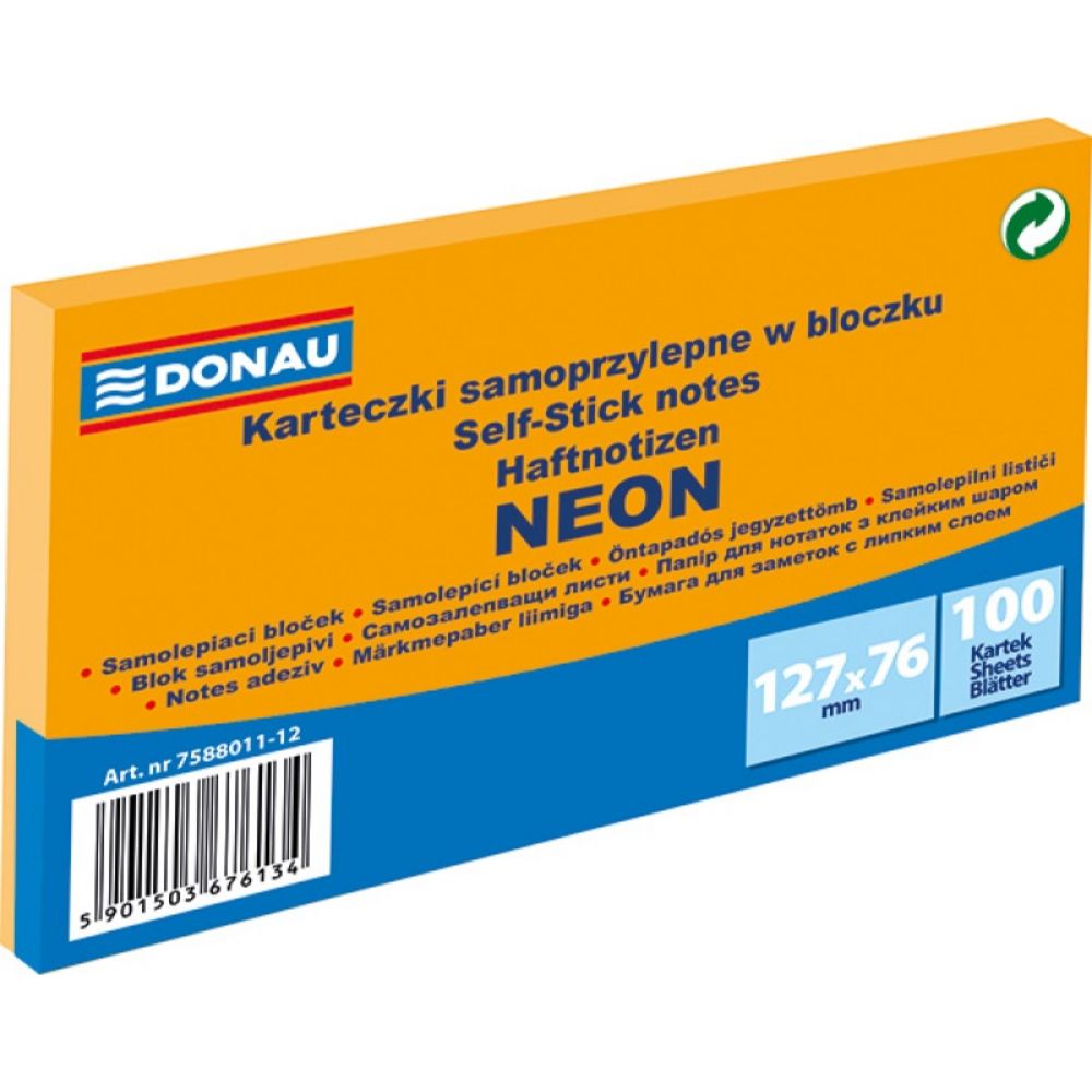 Notite Adezive DONAU, 76x127 mm, 100 File, 70 g/m², Culoare Portocaliu Neon