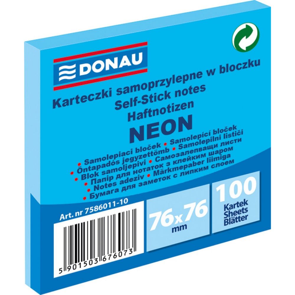 Notite Adezive DONAU, 76x76 mm, 100 File, 70 g/m², Culoare Albastru Neon