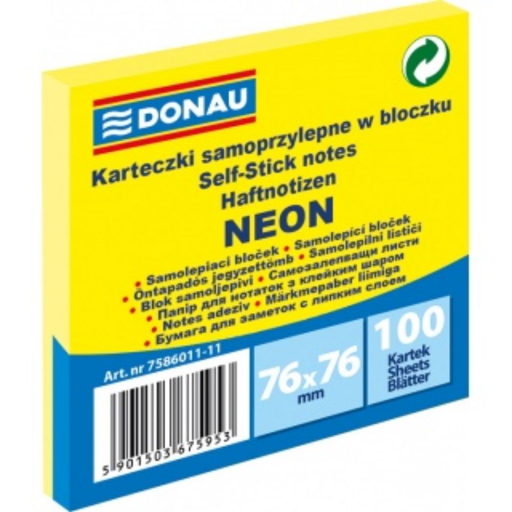 Notite Adezive DONAU, 76x76 mm, 100 File, 70 g/m², Culoare Galben Neon
