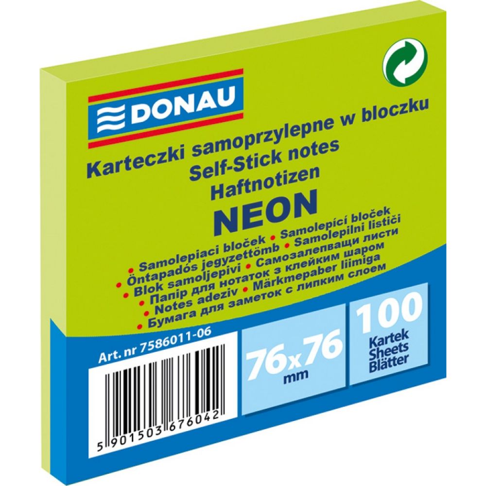 Notite Adezive DONAU, 76x76 mm, 100 File, 70 g/m², Culoare Verde Neon