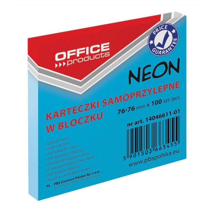 OFFICE Продукти Самозалепващи се бележки, 76x76 mm, 100 листа, 70 g/m², неоново син цвят