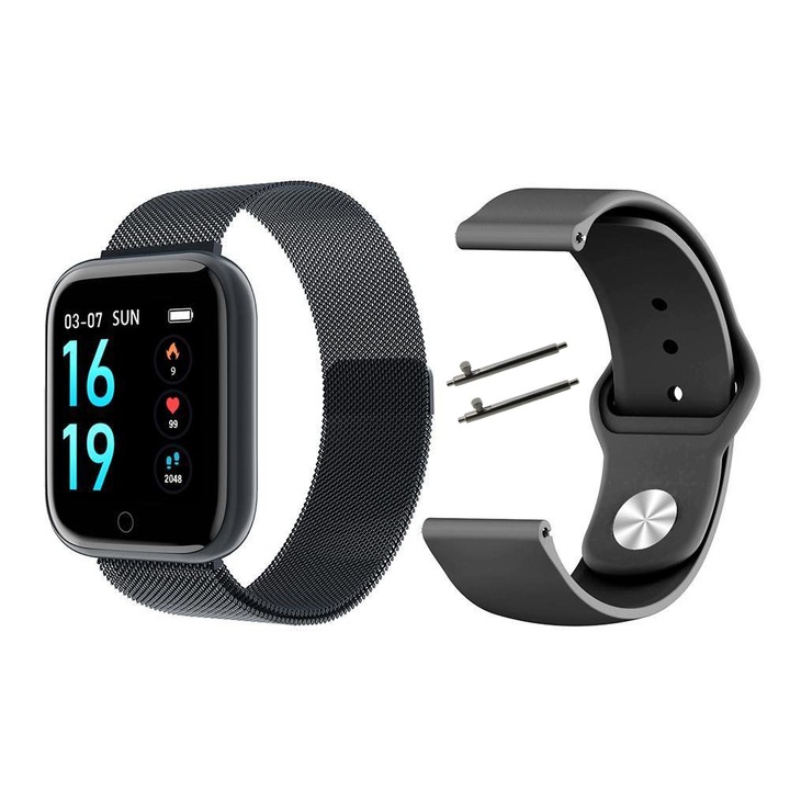 SmartWatch и фитнес гривна 2 в 1 ISP InTime, 1.3" OLED дисплей, известия, мониторинг на сърдечния ритъм, кръвно налягане, крачкомер, фото контрол, черен металик + силиконова каишка