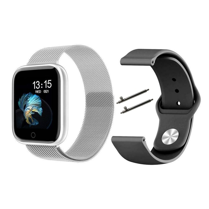 Смарт часовник и фитнес гривна ISP InTime, 2 в 1, 1.3" OLED дисплей, Известия, Следене на сърдечния ритъм, Кръвно налягане, Крачкомер, Фото контрол, Метално сребристо, Силиконова каишка