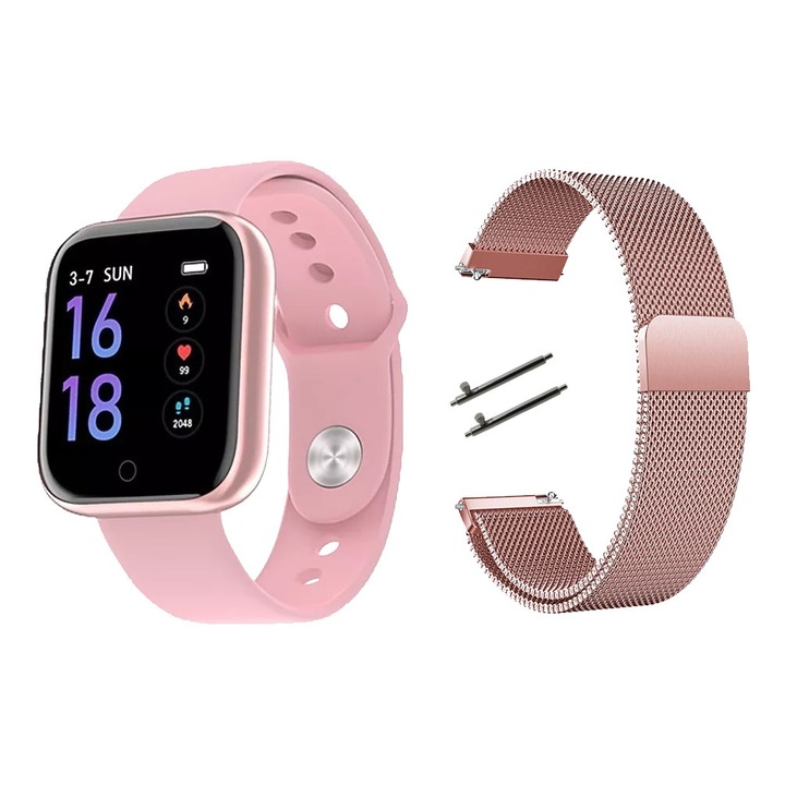 SmartWatch и фитнес гривна 2 в 1 ISP InTime, 1.3" OLED дисплей, Известия, Мониторинг на сърдечния ритъм, кръвно налягане, Крачкомер, Управление на снимки, Silicon Pink, Метална каишка