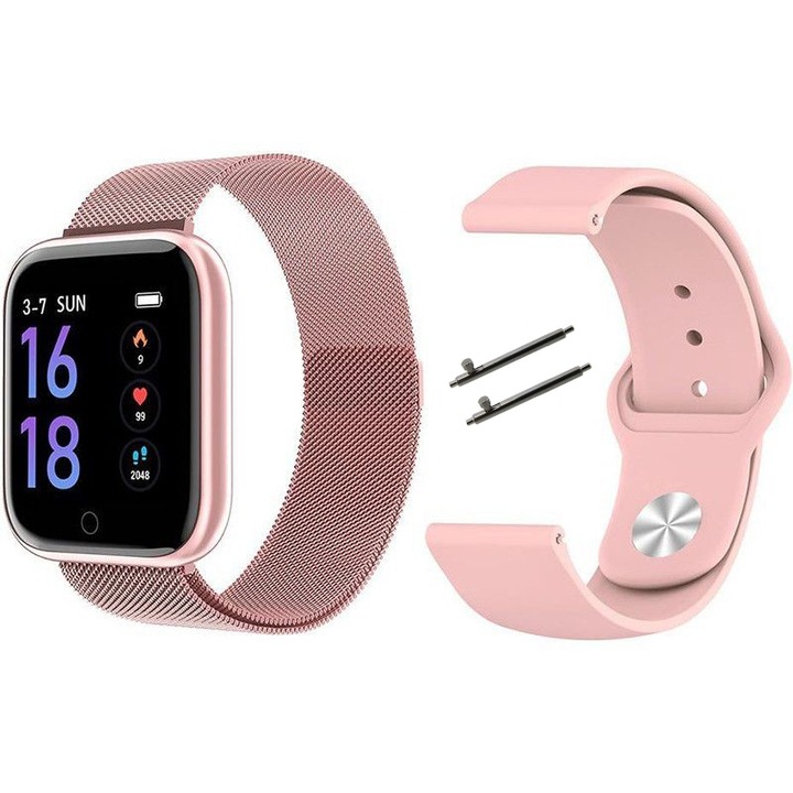 Смарт часовник, SmartWatch, фитнес гривна 2 в 1 ISP InTime, 1.3" OLED дисплей, известия, мониторинг на сърдечния ритъм, кръвно налягане, крачкомер, управление на снимки, розов металик + силиконова каишка