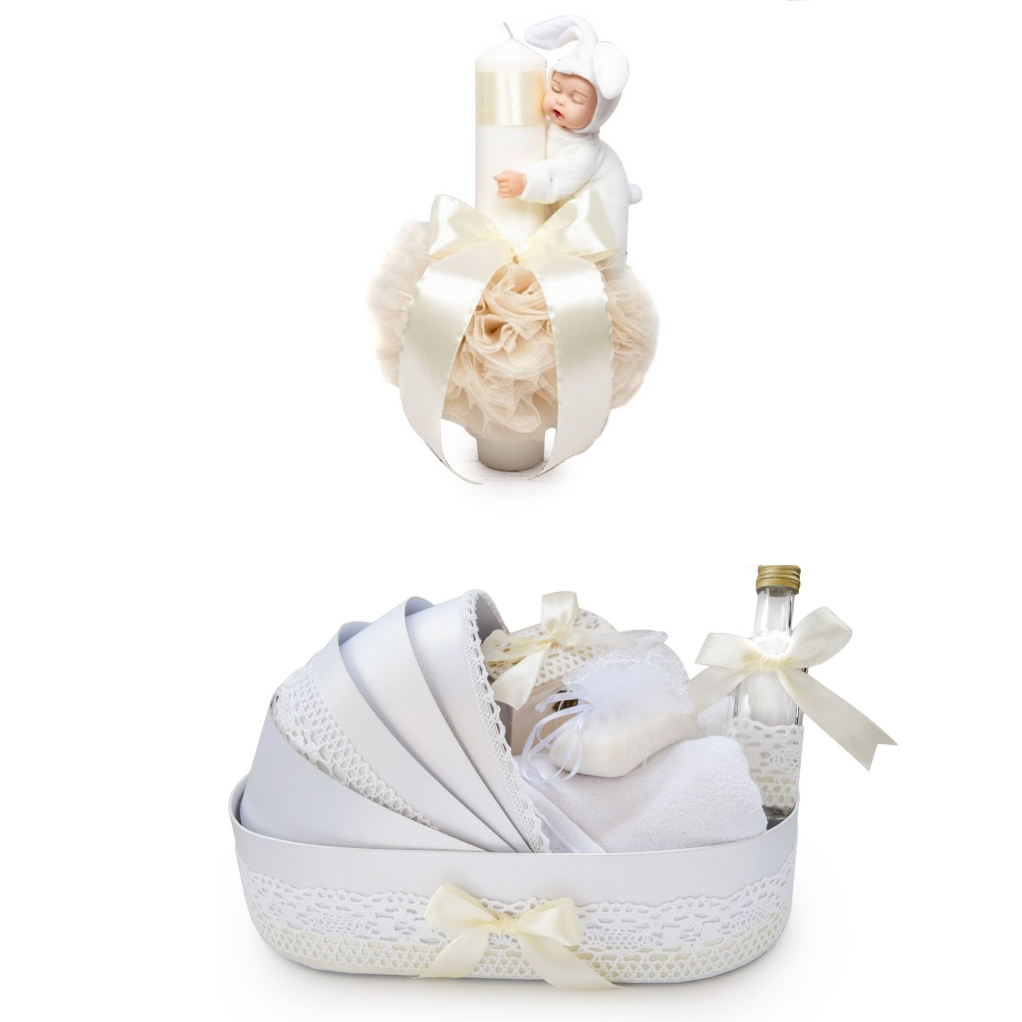 Set trusou botez biserica complet 7 piese cu lumanare doi ursuleti, OD261