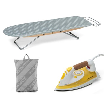 Pachet Premium Foppapedretti, Masa de calcat STIROFAST, pliabila, geanta de transport din material textil, Fier de calcat FERROEVIA, putere 2000W, maner din pluta Pachet Premium Foppapedretti, Masa de calcat STIROFAST, pliabila, geanta de transport din material textil, Fier de calcat FERROEVIA, putere 2000W, maner din pluta