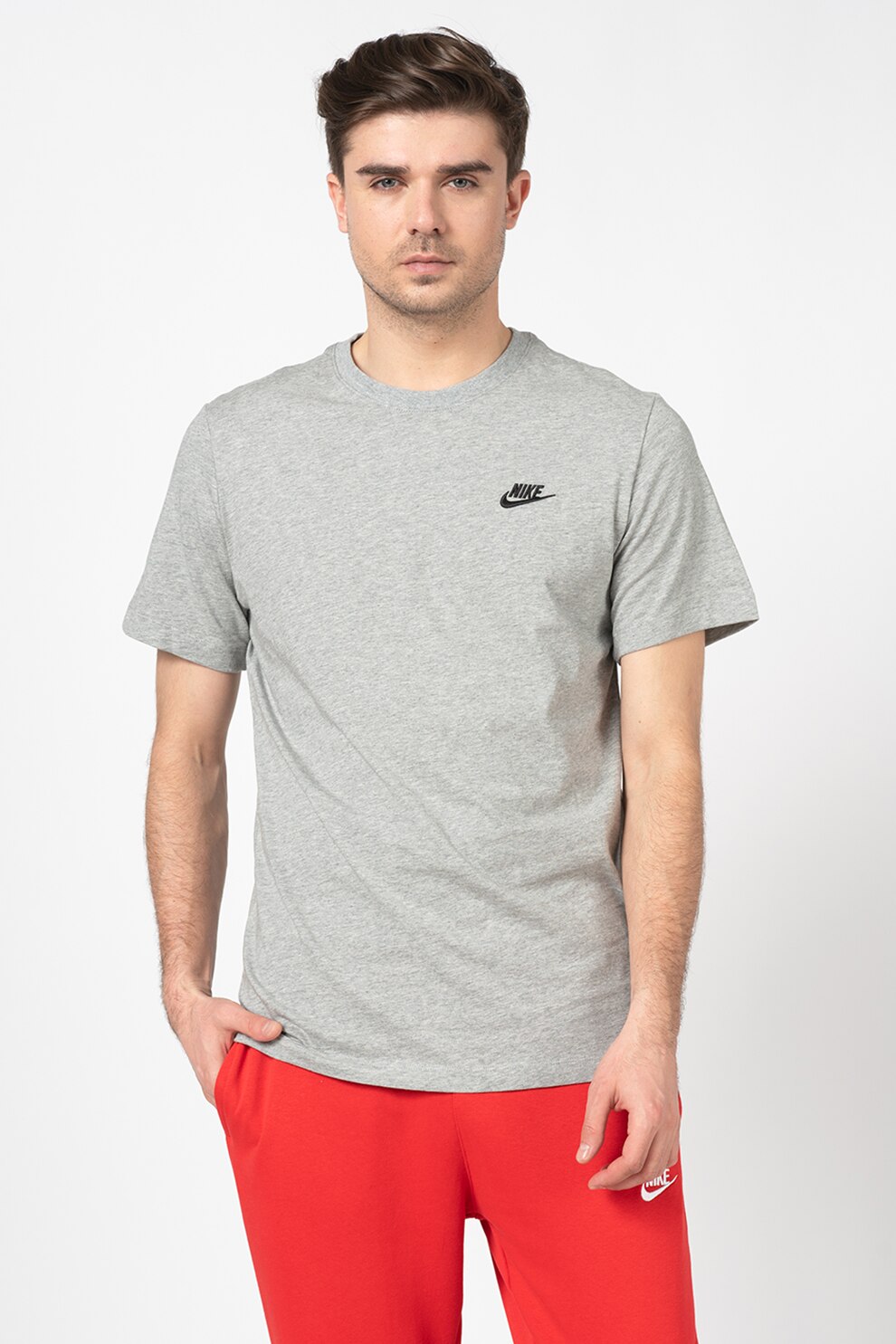 Nike, Tricou cu decolteu la baza gatului Sportswear Club, Gri/Negru