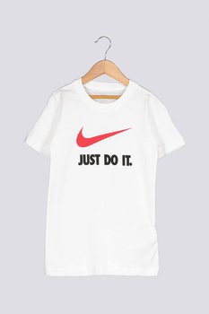 Nike, Tricou cu decolteu la baza gatului si imprimeu Swoosh, Alb/Rosu/Negru Nike, Tricou cu decolteu la baza gatului si imprimeu Swoosh, Alb/Rosu/Negru