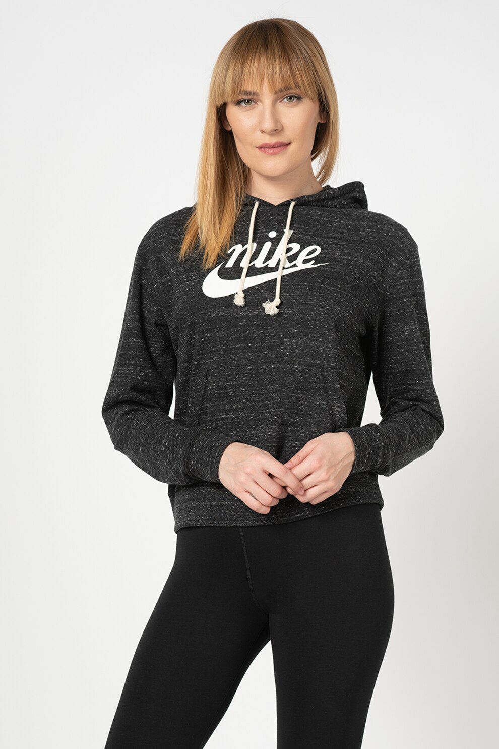 Nike, Hanorac cu imprimeu logo si buzunar kangaroo, Negru stins/Alb prafuit, XS