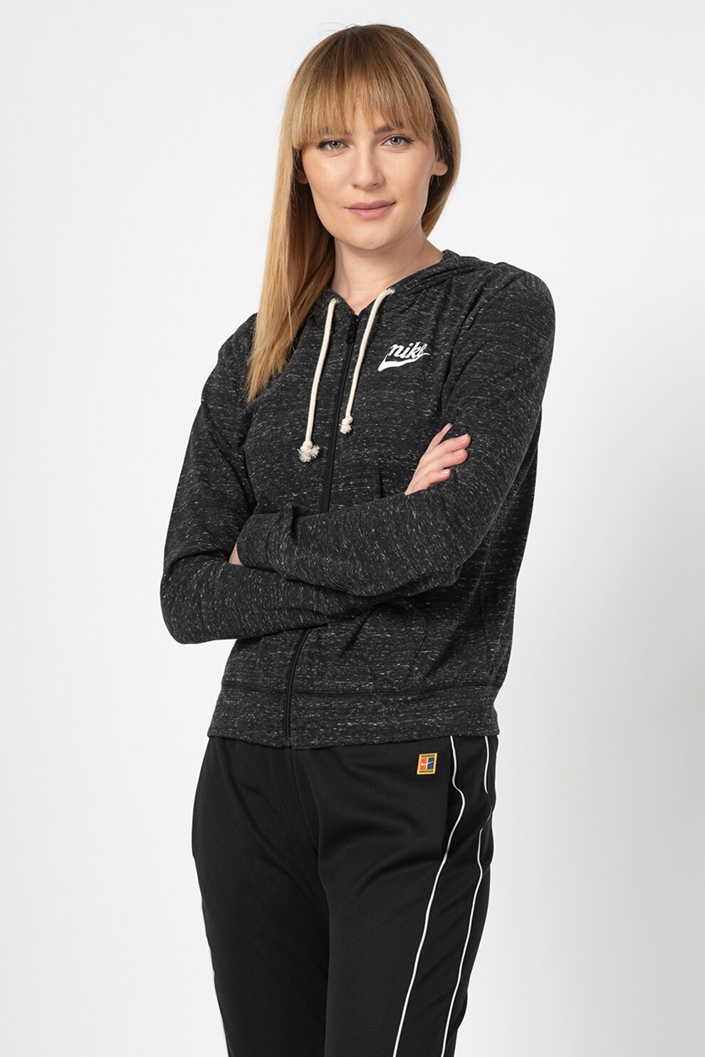 Nike, Hanorac cu fermoar Gym Vintage, Negru stins/Alb