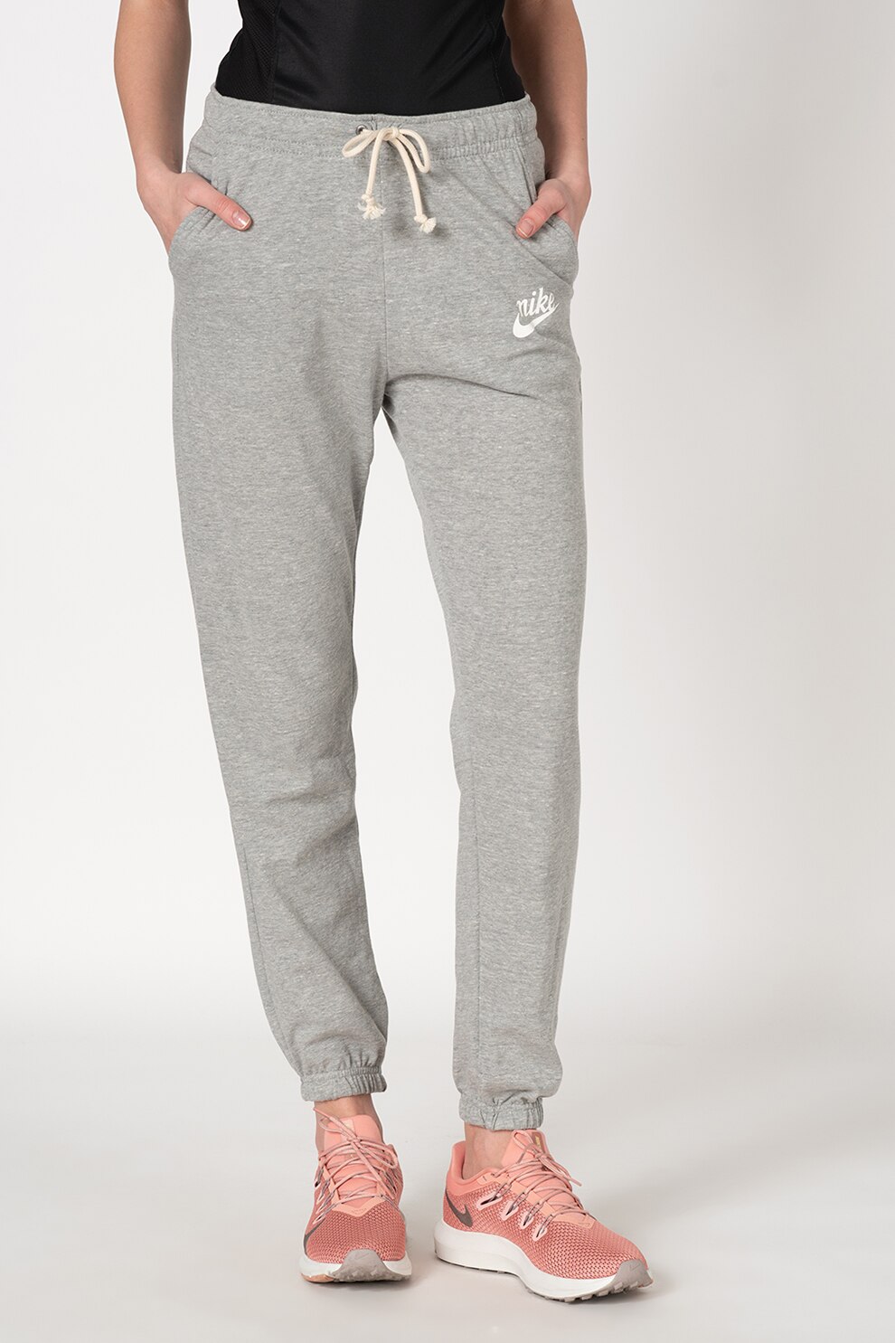 Nike, Pantaloni sport cu snur Gym Vintage, Gri melange