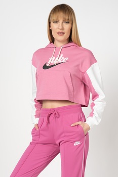 Nike, Hanorac crop cu imprimeu logo, Roz/Alb/Negru, XL Nike, Hanorac crop cu imprimeu logo, Roz/Alb/Negru, XL