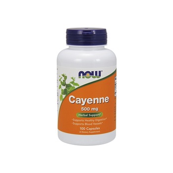 Supliment alimentar cu extract de piper rosu NOW Cayenne, 500 mg, 100 de capsule Supliment alimentar cu extract de piper rosu NOW Cayenne, 500 mg, 100 de capsule