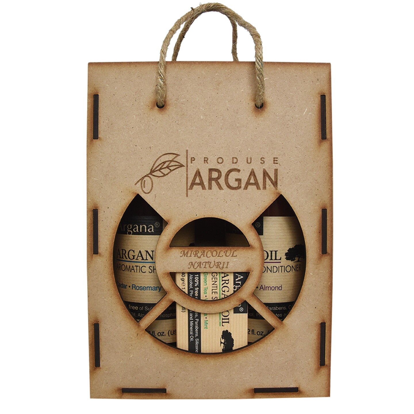 Set Cadou Rustic Argan Cutie Lemn , Sampon Argana 400 ml+ Balsam Par Argana 400 ml+Sapun Argana 40 gr