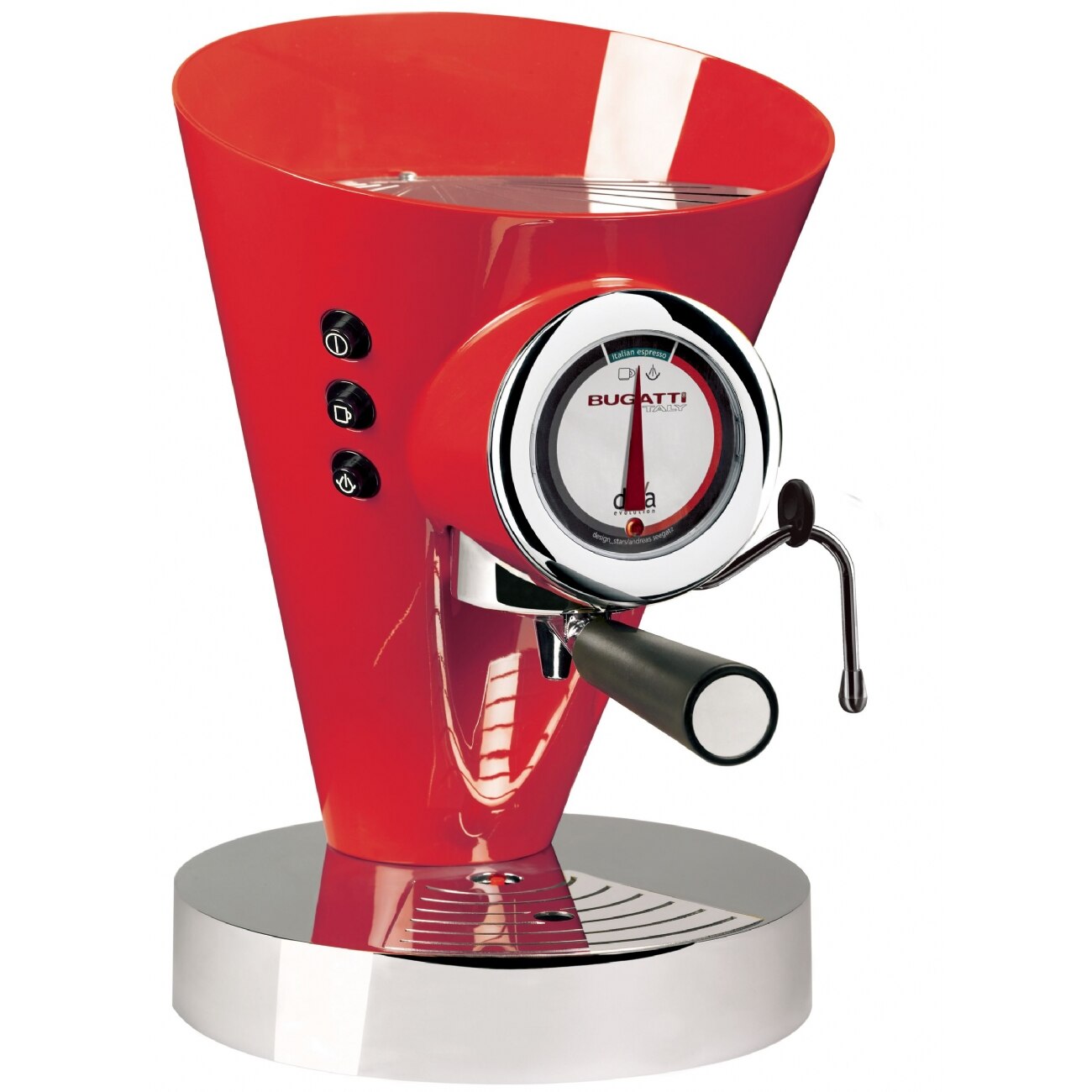 Espressor Casa Bugatti, Diva Evolution, compatibil cu capsule universale sau cafea macinata, functie de spumare a laptelui, presiune 15 bar, putere 1700 W, corp din inox de inalta calitate, design modern, rosu