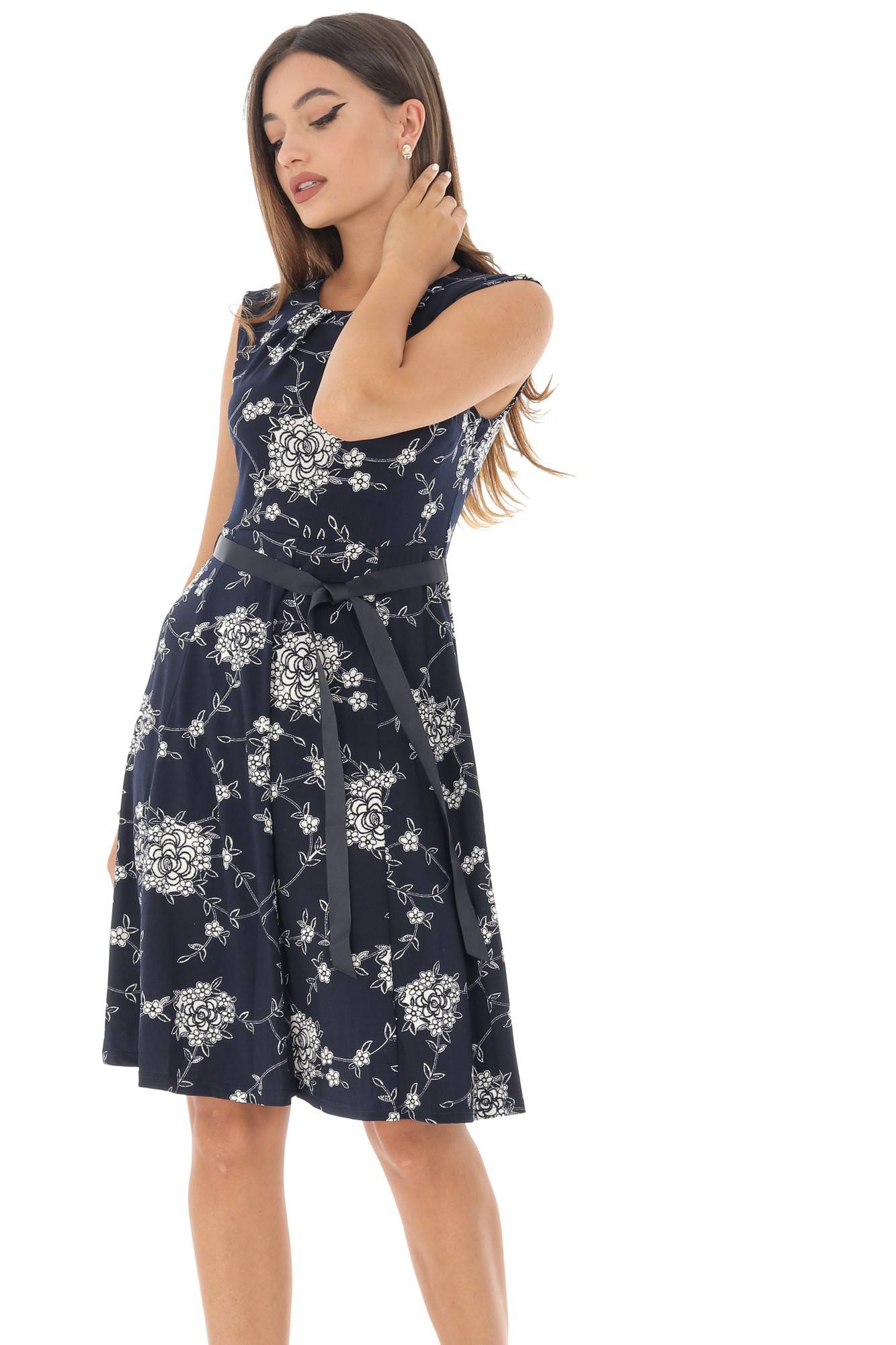 Rochie bleumarin, ROH, imprimata floral - DR3951