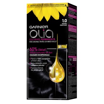 Vopsea de par permanenta fara amoniac Garnier Olia 1.0 Negru Profund, 112 ml Vopsea de par permanenta fara amoniac Garnier Olia 1.0 Negru Profund, 112 ml