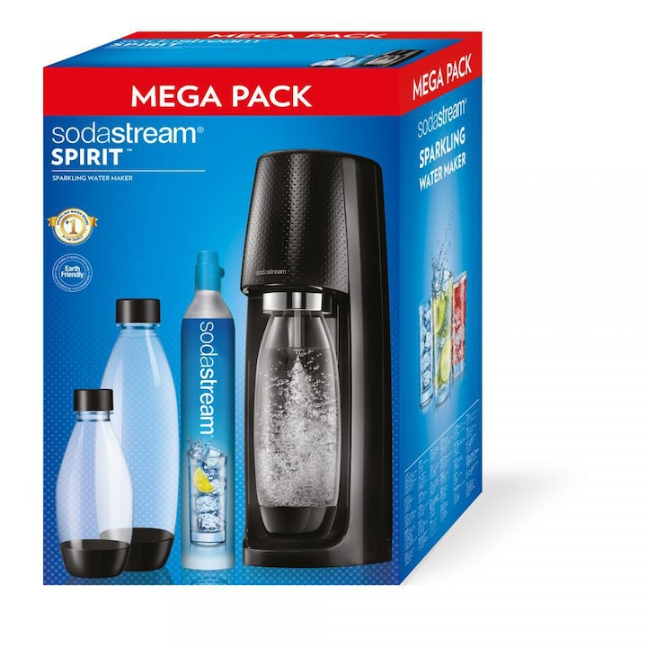 Комплект за газиране на напитки SodaStream, , MEGA PACK черен, 2 бутилки 1Л (reusable) 1 бутилка 0.5Л (reusable) 3 бр. + 60Л газова бутилка