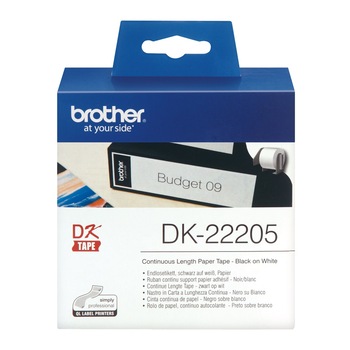 Banda continua hartie Brother DK-22205, 62 mm x 30.48 M, negru / alb Banda continua hartie Brother DK-22205, 62 mm x 30.48 M, negru / alb