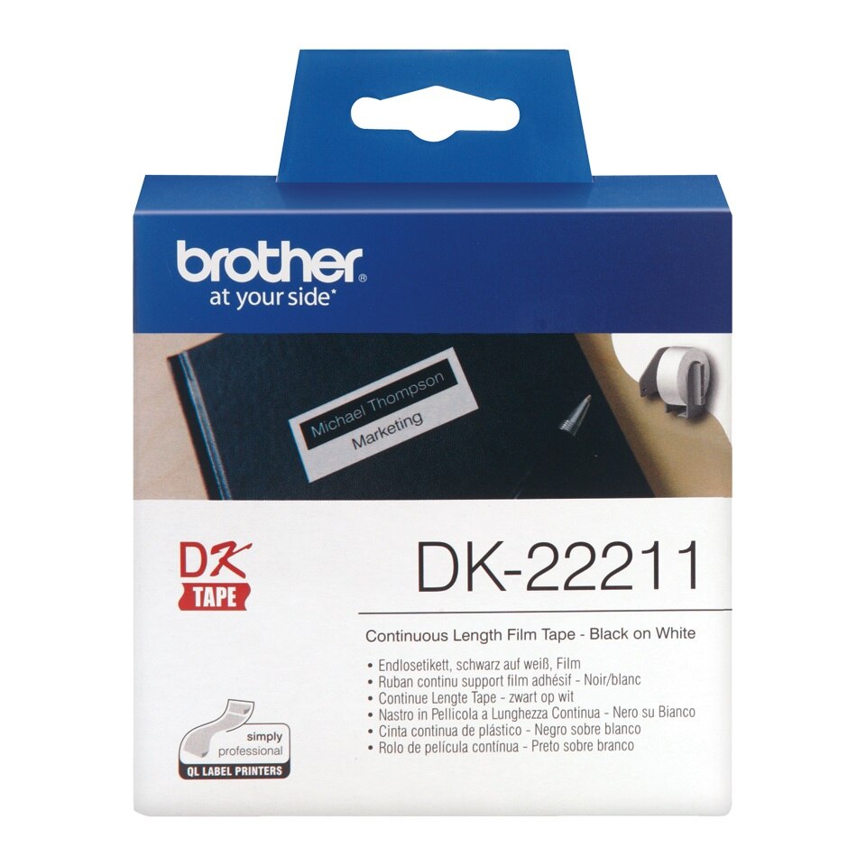 Banda continua plastic Brother DK-22211, 29 mm x 15.24 M, negru / alb